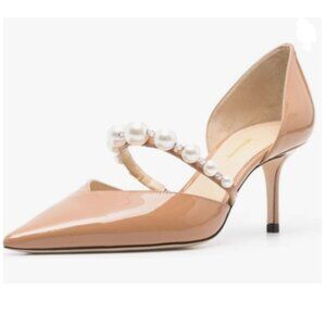 Wansseny Apricot Gorgeous Pearls Strap Pointed Toe D'Orsay Pumps Mid Heel Shoes